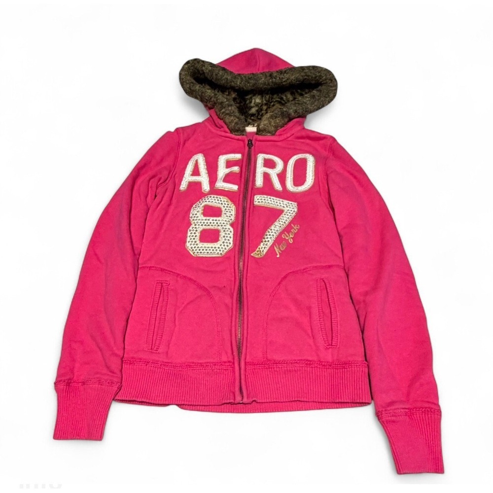 Aeropostale AERO 87 Hoodie Pink Fur Hood Zip Up Jacket Womens Small Y2K